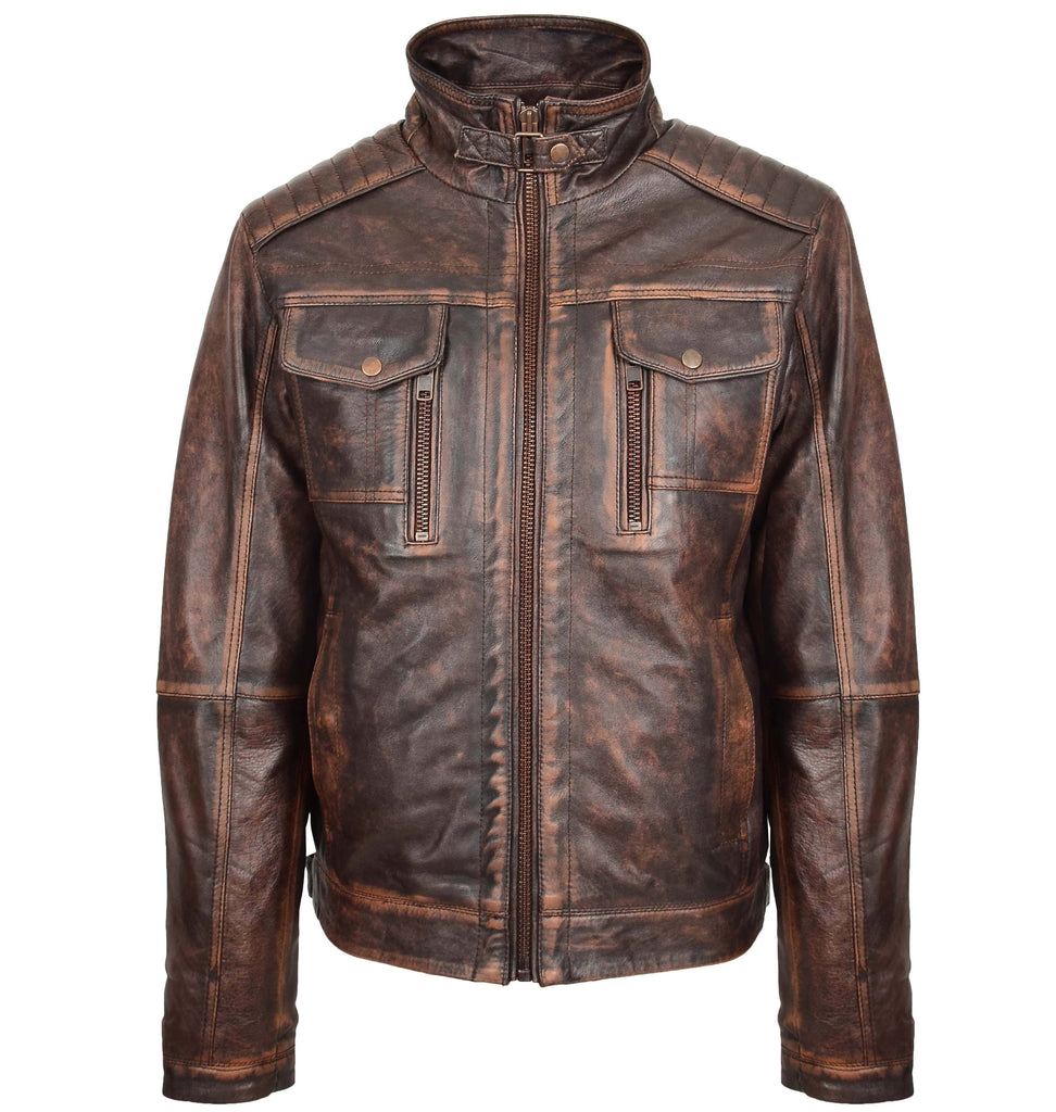DR560 Men's Urban Biker Style Leather Jacket Brown 4