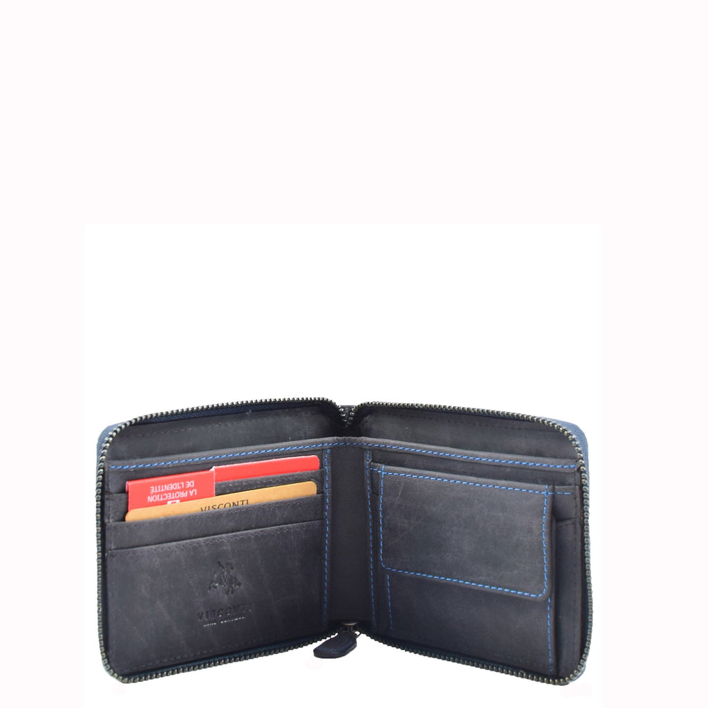 DR659 Men's Real Oiled Leather Round Zip RFID Wallet Blue 4