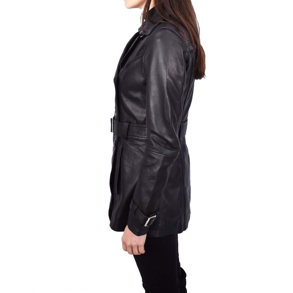 Women's Real Leather Buttoned Coat With Belt Black GlamTrench 3