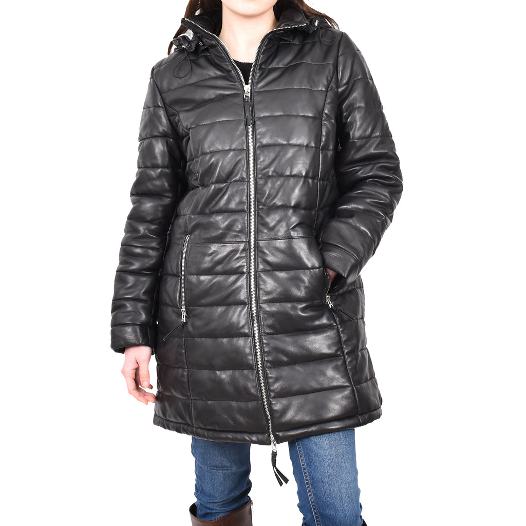 Women's Leather 3/4 Length Coat Puffer Detachable Hoodie Tuva Black 4