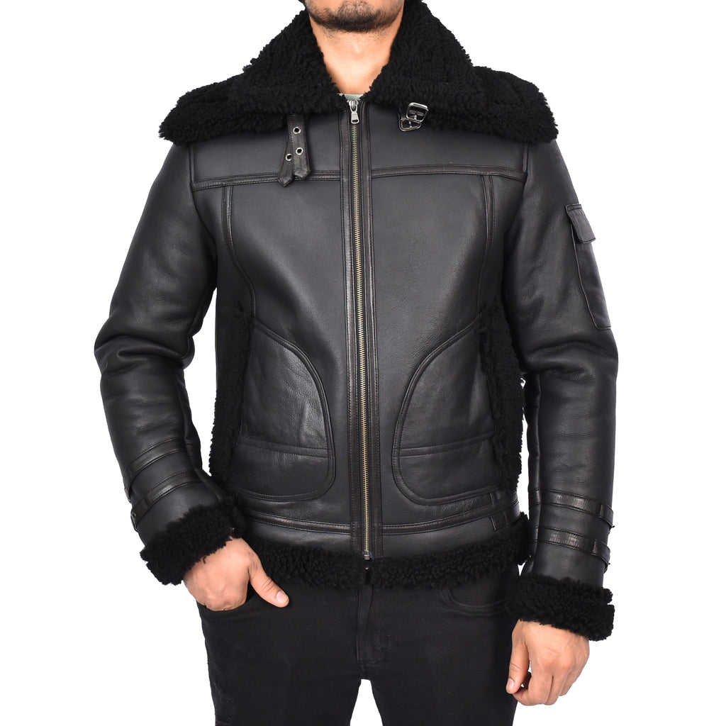 Mens Retro Biker Real Sheepskin Jacket Motorcycle Style Magnus Black 4