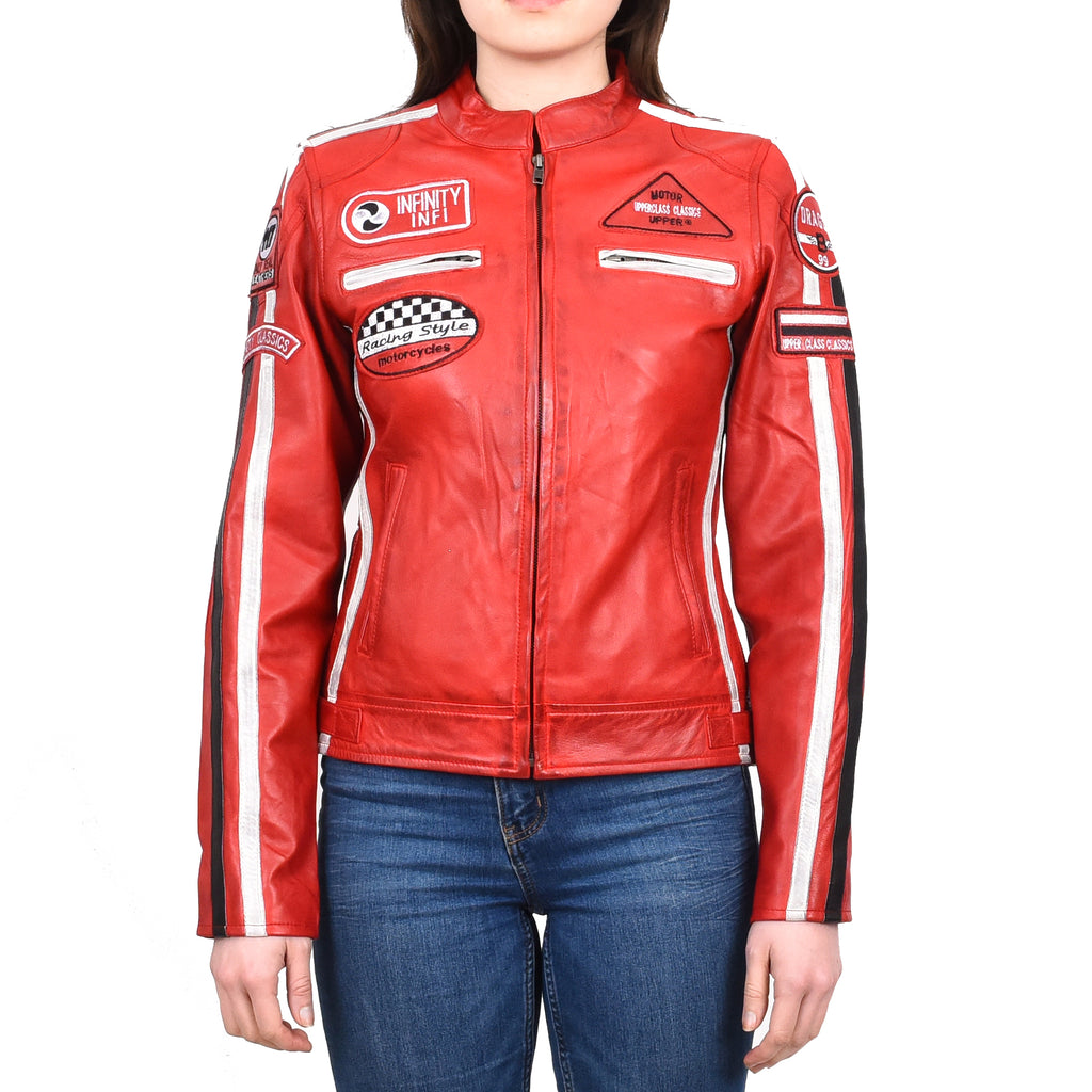 Women's Genuine Leather Biker Racing Badges Jacket Café Racer Red Rayne 4