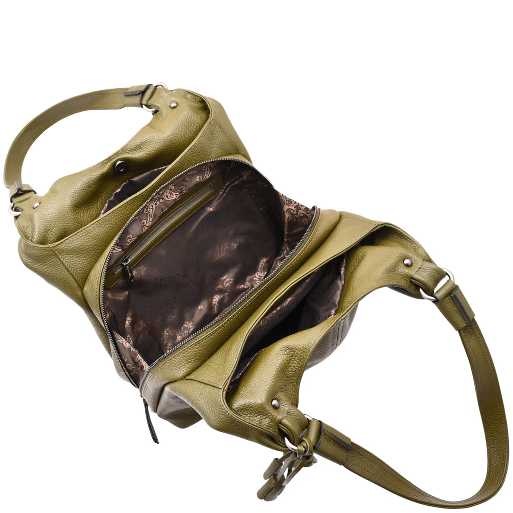 DR583 Women's Large Leather Hobo Bag With Zip Opening Olive 4
