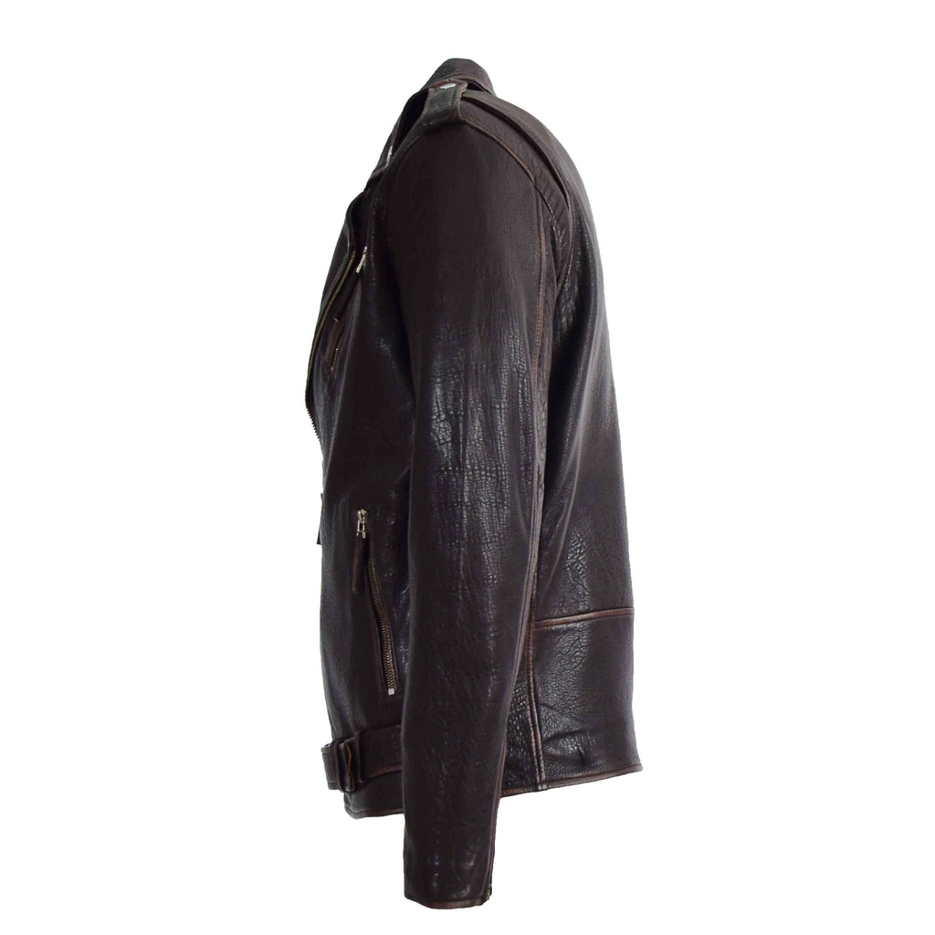 DR574 Men’s Genuine New Zealand Leather Zip-Up Biker Style Jacket Brown 4