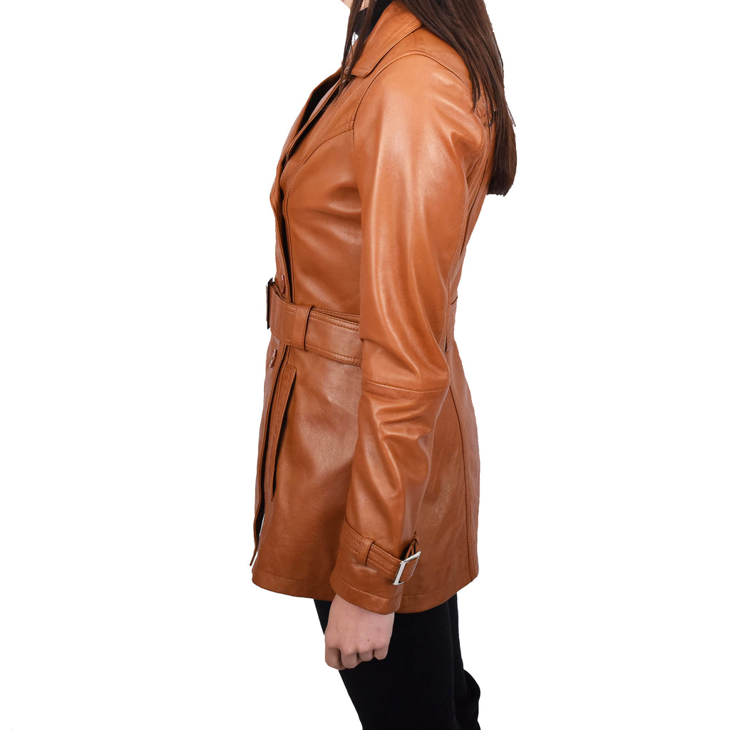 Women's Real Leather Buttoned Coat With Belt Tan GlamTrench 4