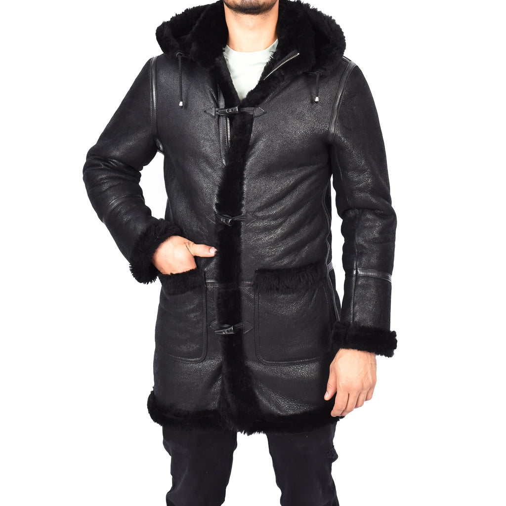 Mens Winter Sheepskin Hooded Duffel Coat ¾ Length Shearling Ronald Black 4