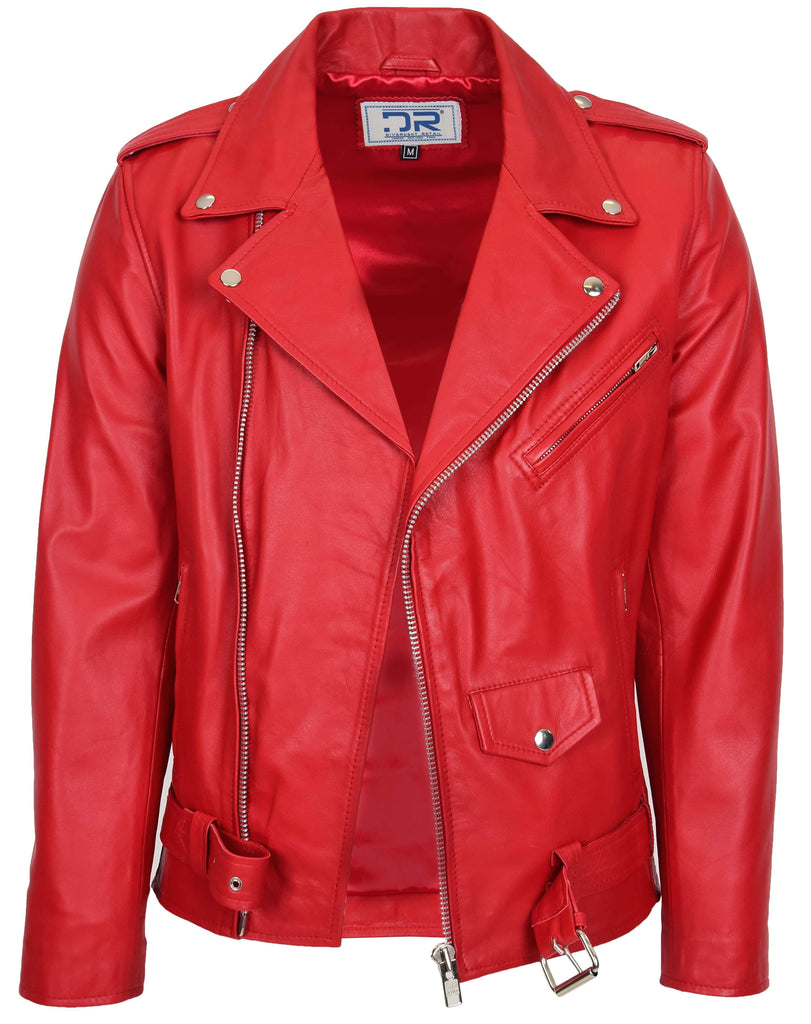 DR100 Men's Biker Real Leather Jacket Red 2