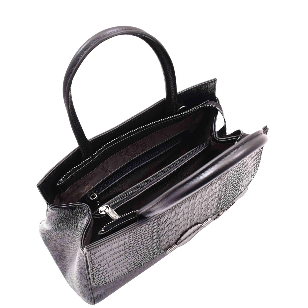 DR580 Women's Genuine Leather Long Strap Croc Print Handbag Black 4