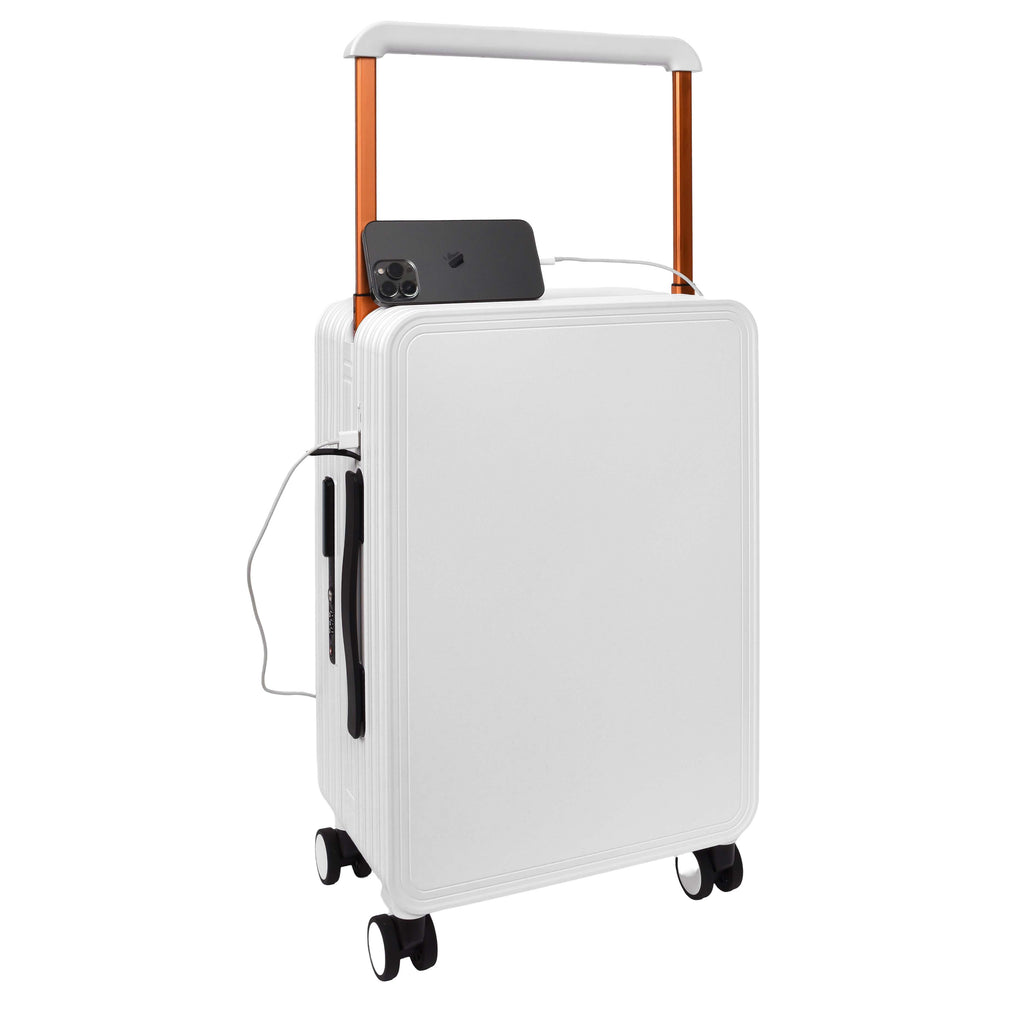 DR698 Cabin Size USB Port Suitcase Four Wheels Hard Shell Smart Luggage White-4
