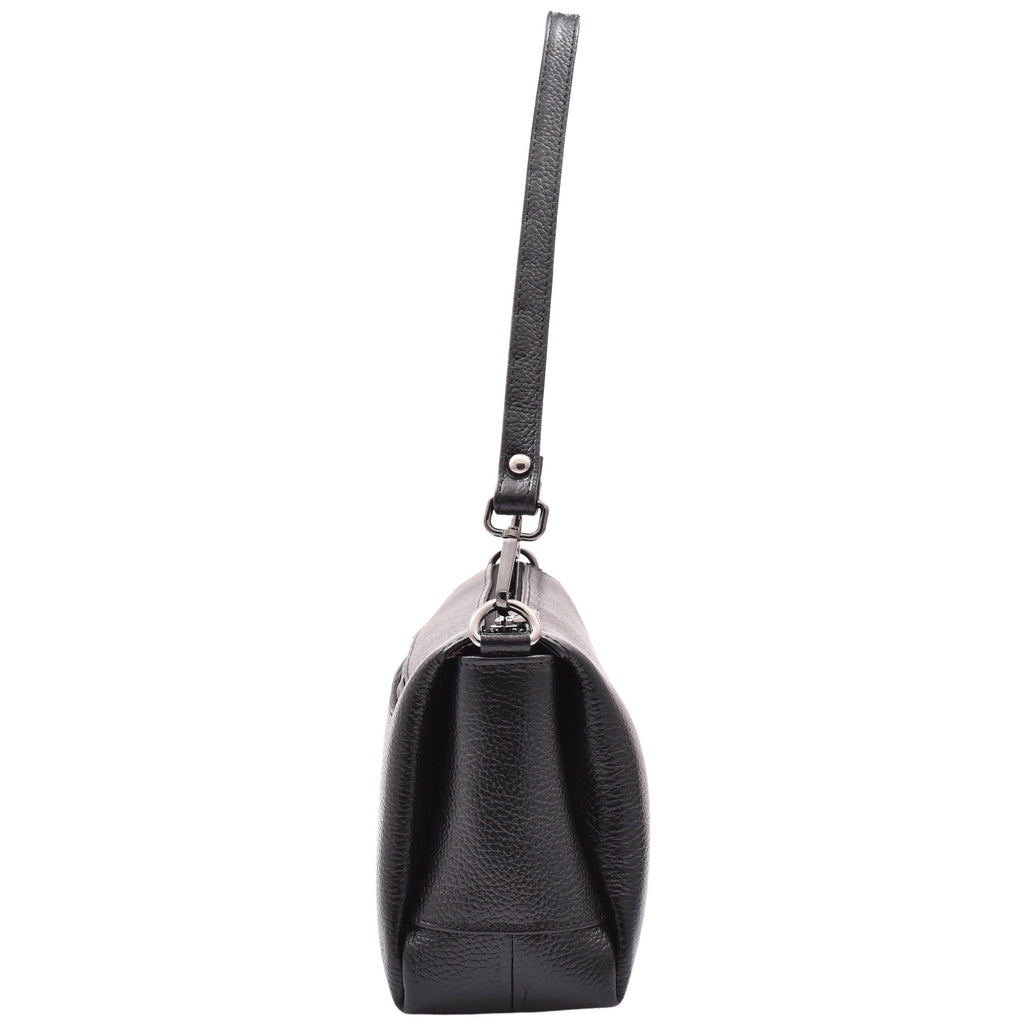 DR597 Women's Genuine Leather Small Zip Handbag Shoulder Bag Black 4