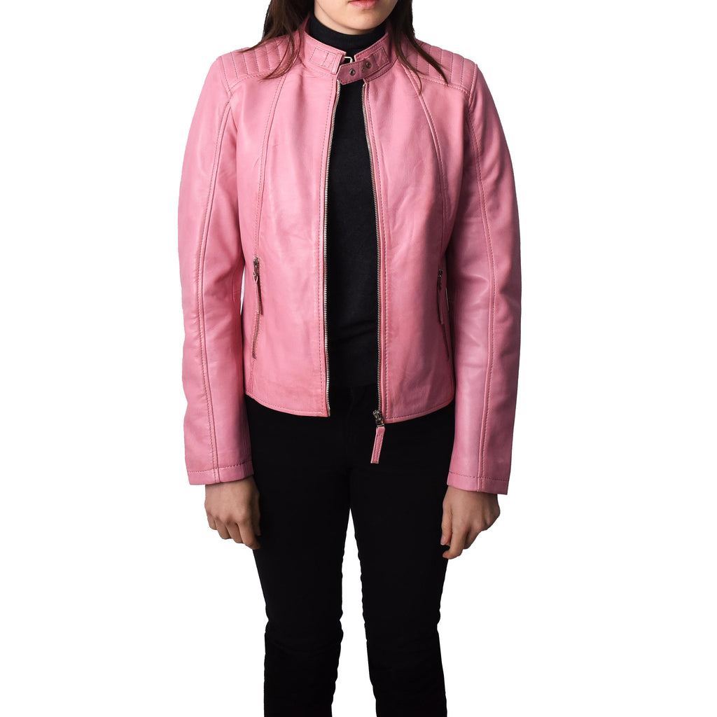 Women's Real Leather Classic Biker Jacket Pink Bikera 4