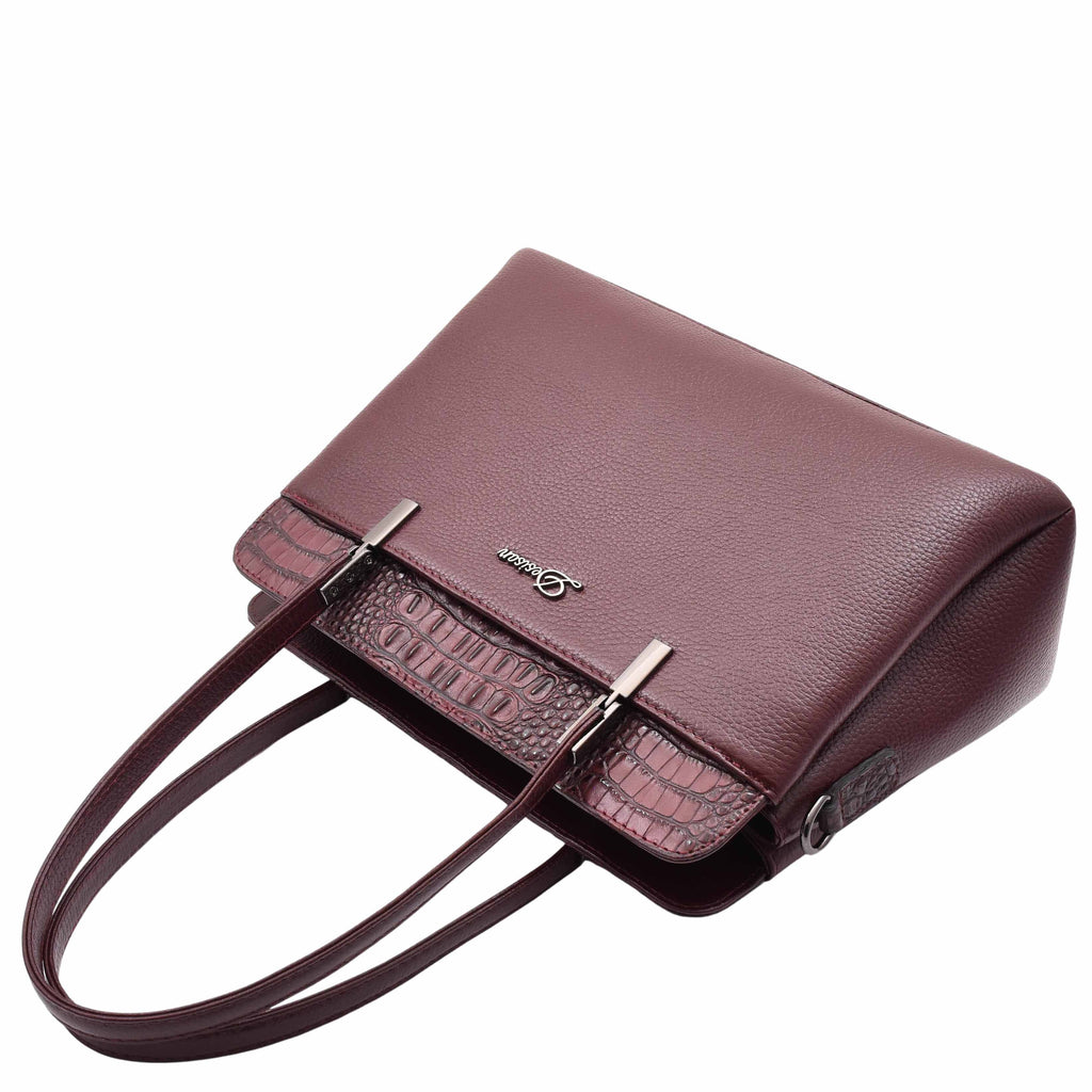 DR589 Women's Leather Medium Size Tote Zip Shoulder Bag Burgundy 4