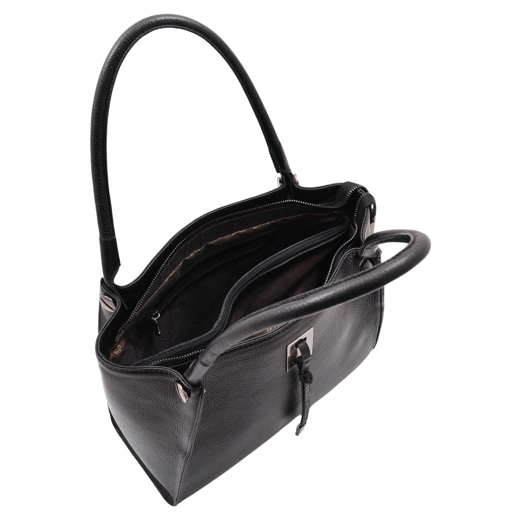 DR588 Women's Textured Leather Large Shoulder Bag With Multi Pockets Black 4