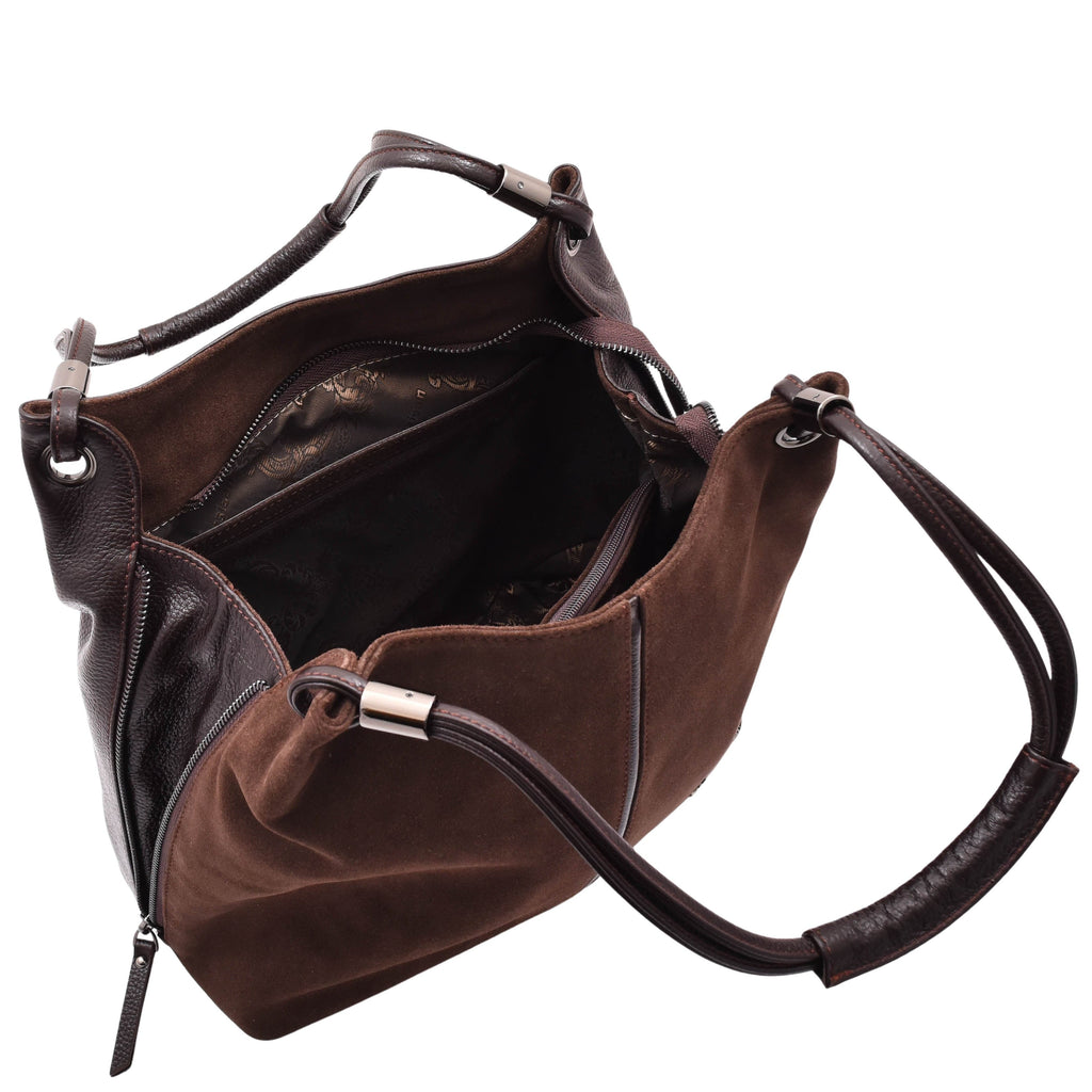 DR593 Women's Suede Leather Large Shoulder Bag Zip Hobo Brown 4