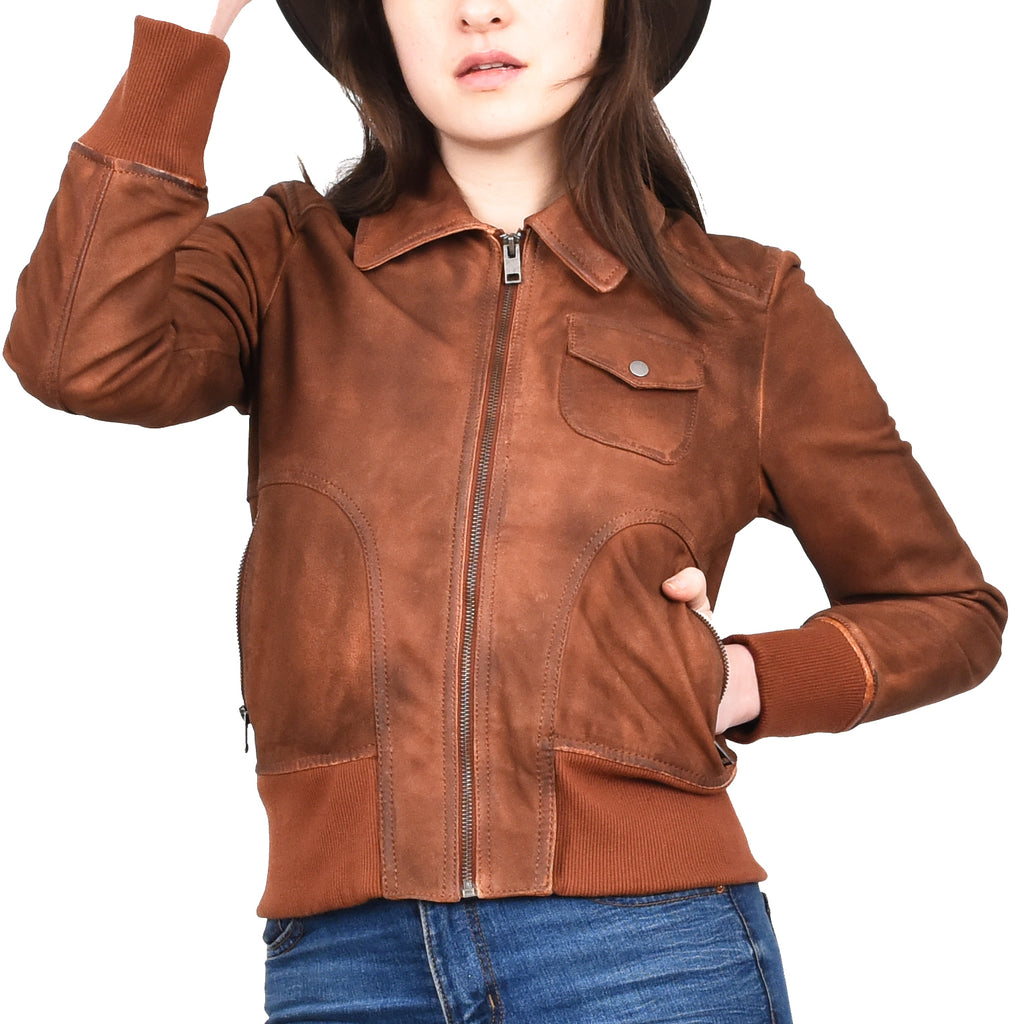 Women's Real Leather Bomber Jacket Slim Fit MA-1 Varsity Chloe Tan 4