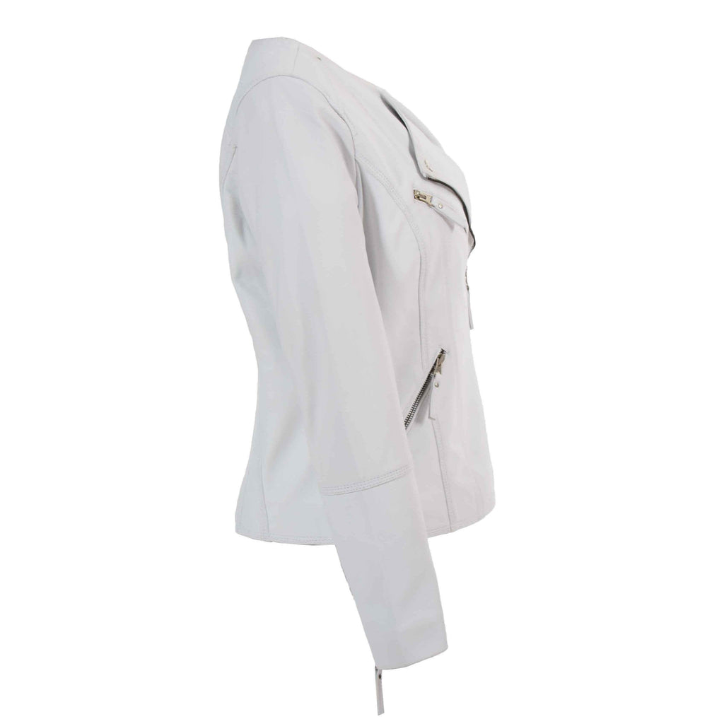 DR572 Women's Casual Cross Zip Leather Jacket Off White 4