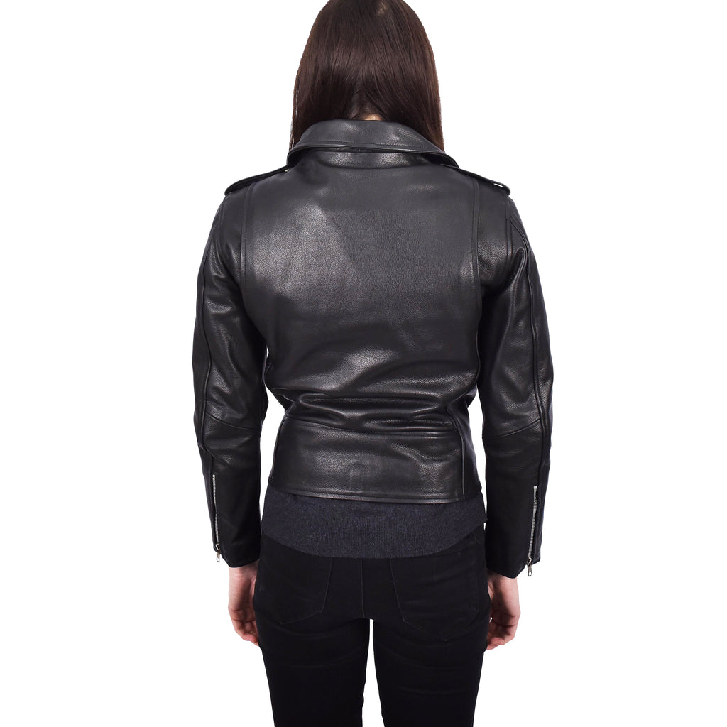 Women's Real Leather Black Biker Jacket Brando Style Sabine 4