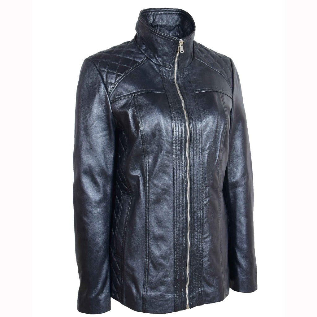 DR564 Women's Genuine Leather Jacket Zip Quilted Black 4