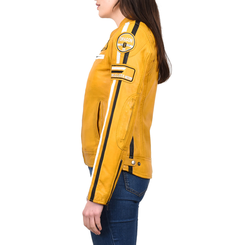 Women's Genuine Leather Biker Racing Badges Jacket Café Racer Yellow Rayne 4