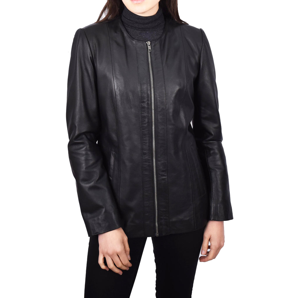 Women's Collarless Biker Real Leather Jacket Black Eclipse 4