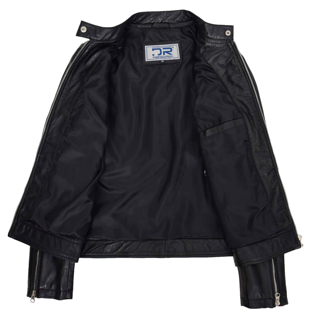 DR571 Women's Casual Zip up Genuine Leather Biker Jacket Black 4