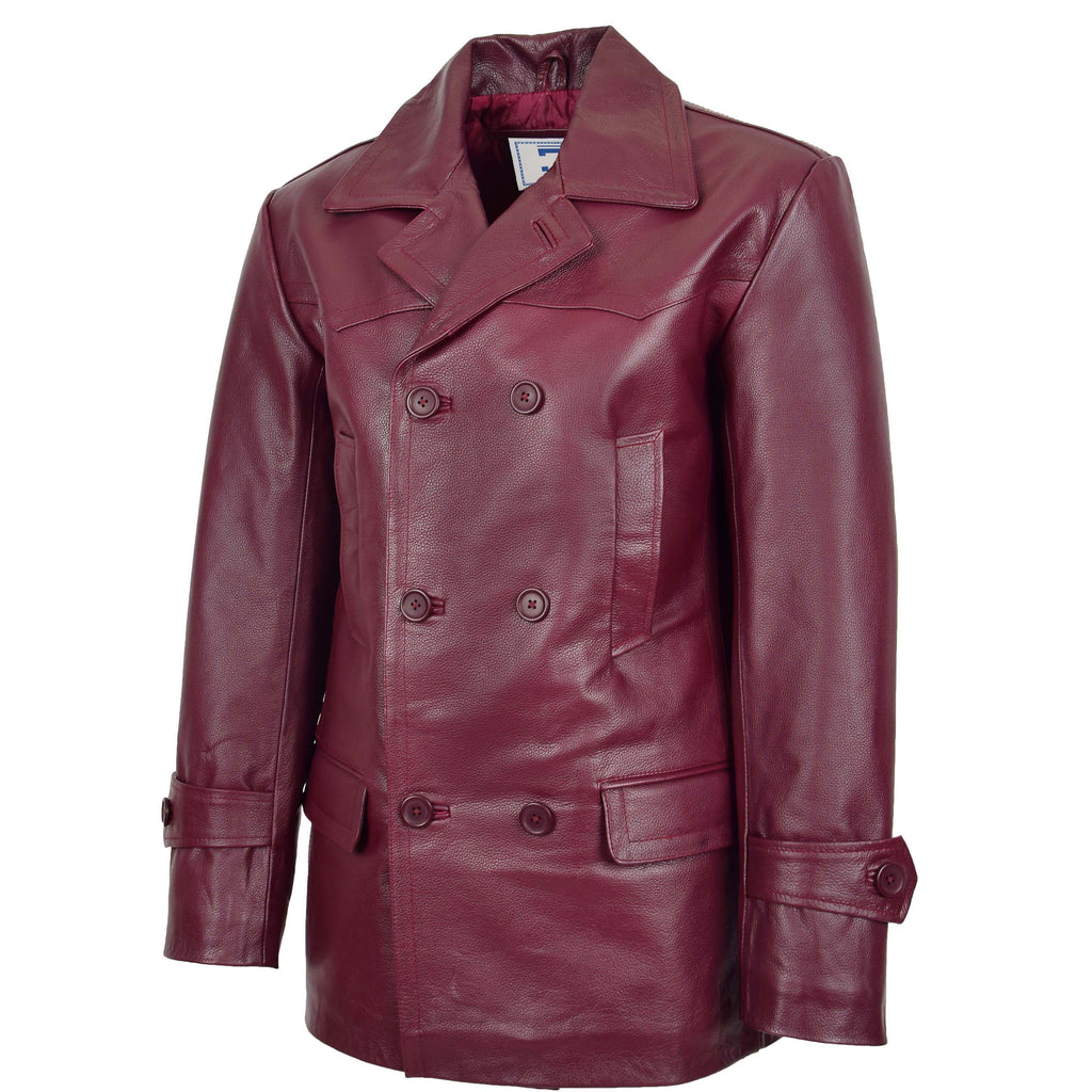 DR103 Men’s Trench Leather Fitted Reefer Military Overcoat Burgundy 4