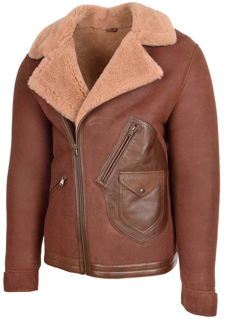 DR546 Men's Biker Style Sheepskin Cross Zip Aviator Jacket Brown 4