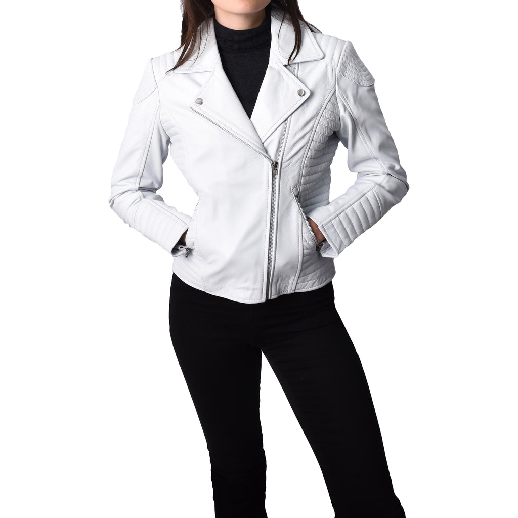 Women's Soft Leather Cross Zip Biker Jacket White Eleganza 4