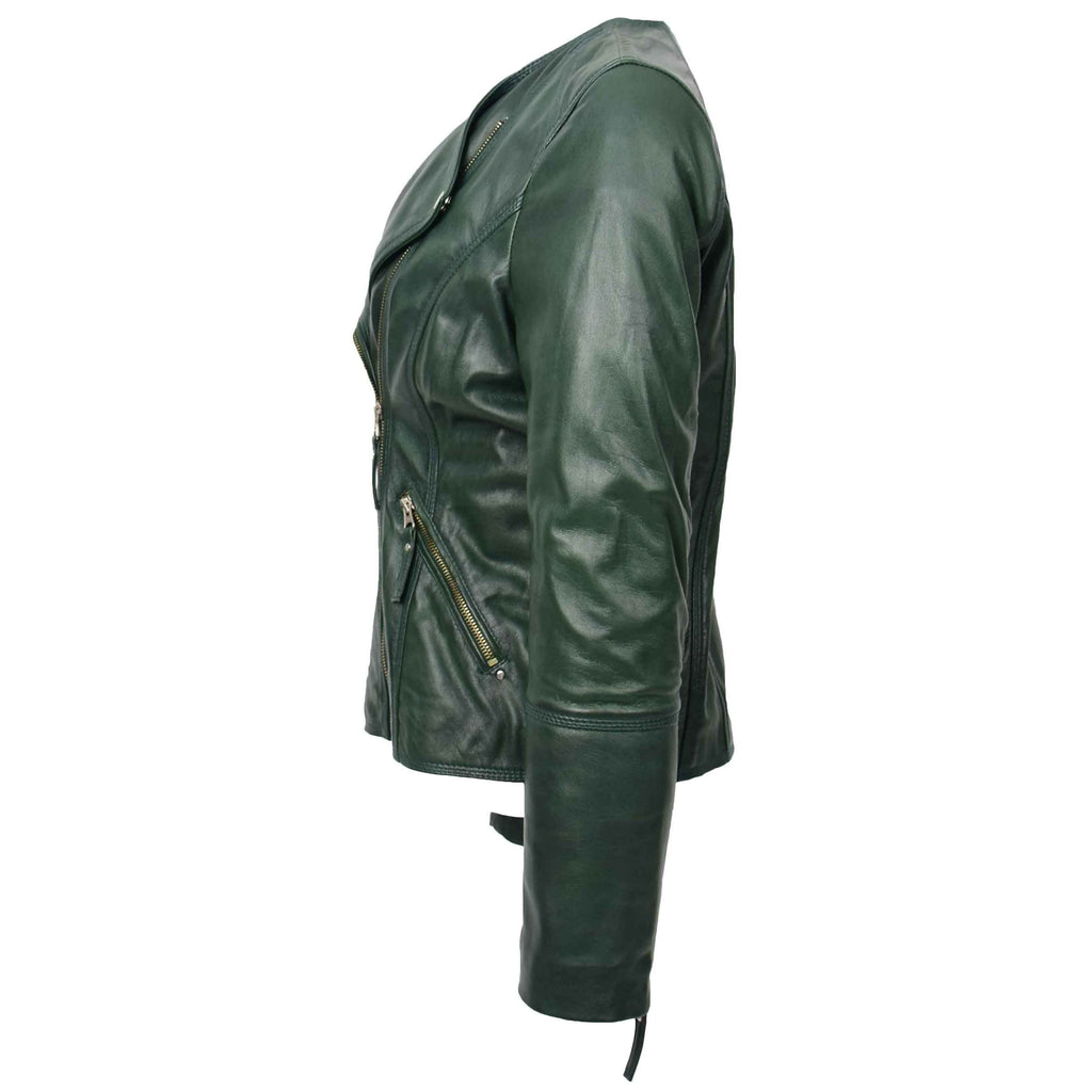 DR572 Women's Casual Cross Zip Leather Jacket Green 4