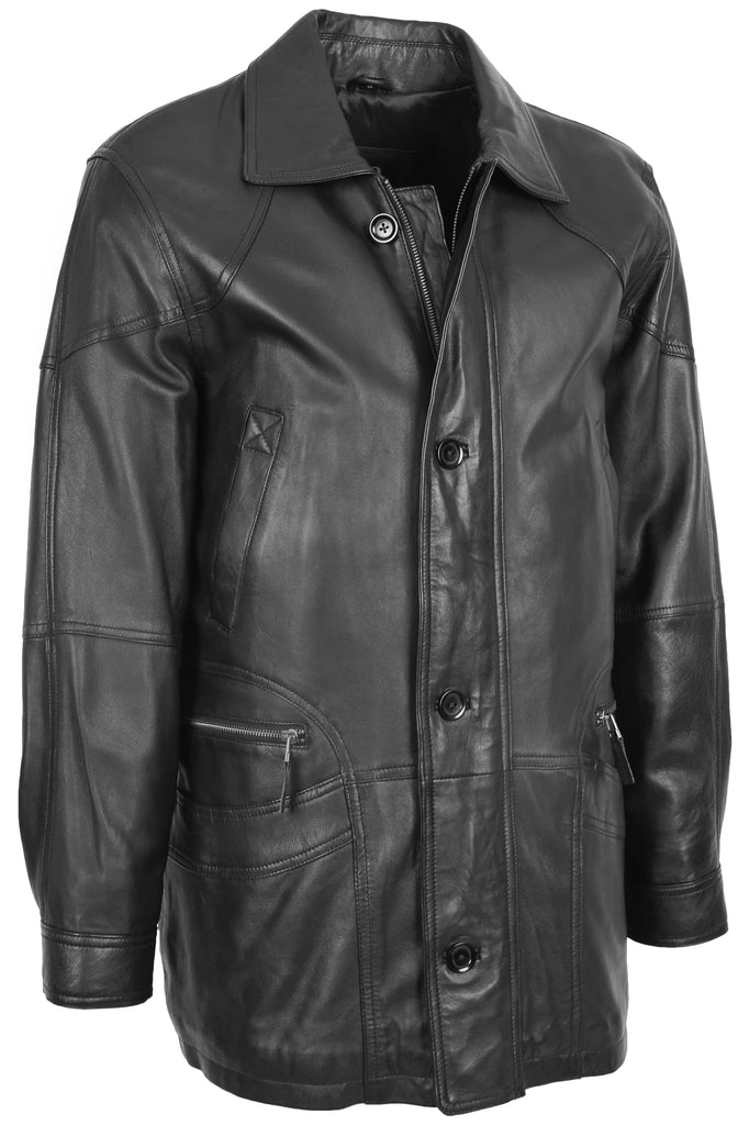 DR113 Men’s Leather Parka Overcoat Black 2