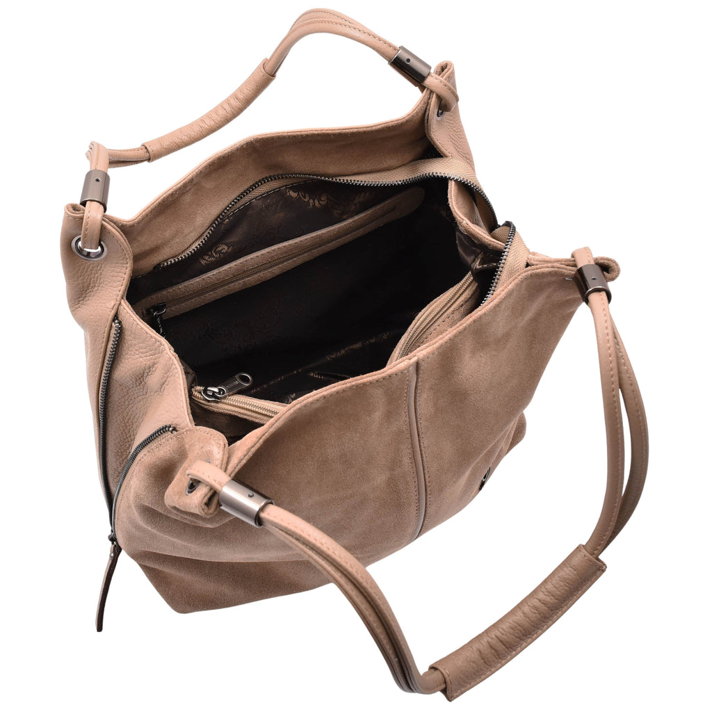 DR593 Women's Suede Leather Large Shoulder Bag Zip Hobo Taupe 4