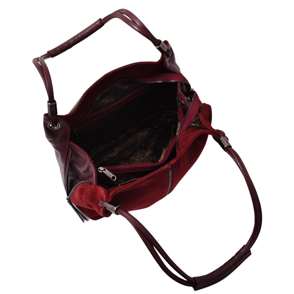 DR593 Women's Suede Leather Large Shoulder Bag Zip Hobo Burgundy 4