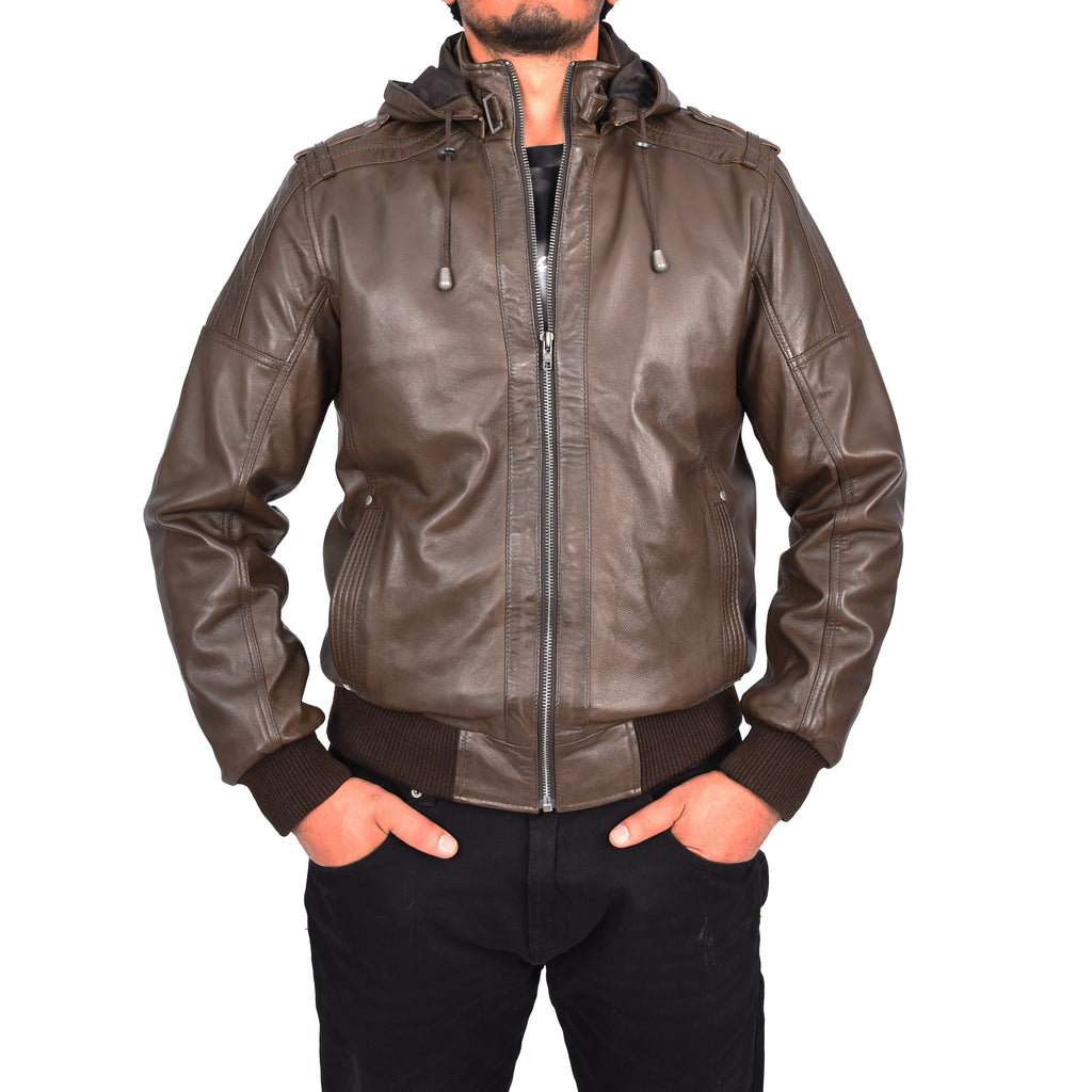 Men's Soft Sheep Nappa Leather Bomber Jacket Removable Hood Kent Brown 4