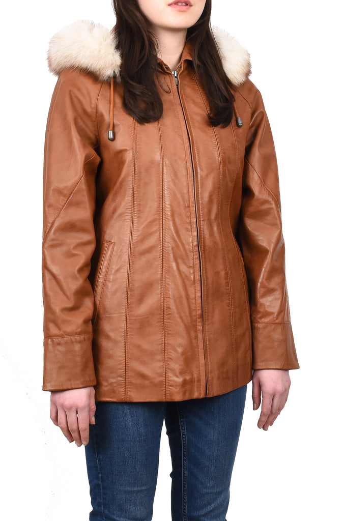 Women's Real Leather Coat with Fur Hood Winter Tan Chicora 4