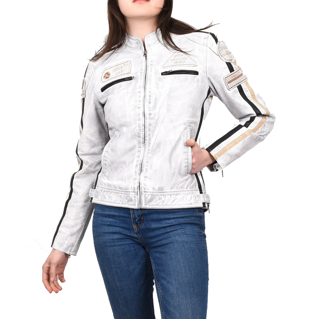 Women's Genuine Leather Biker Racing Badges Jacket Café Racer White Rayne 4