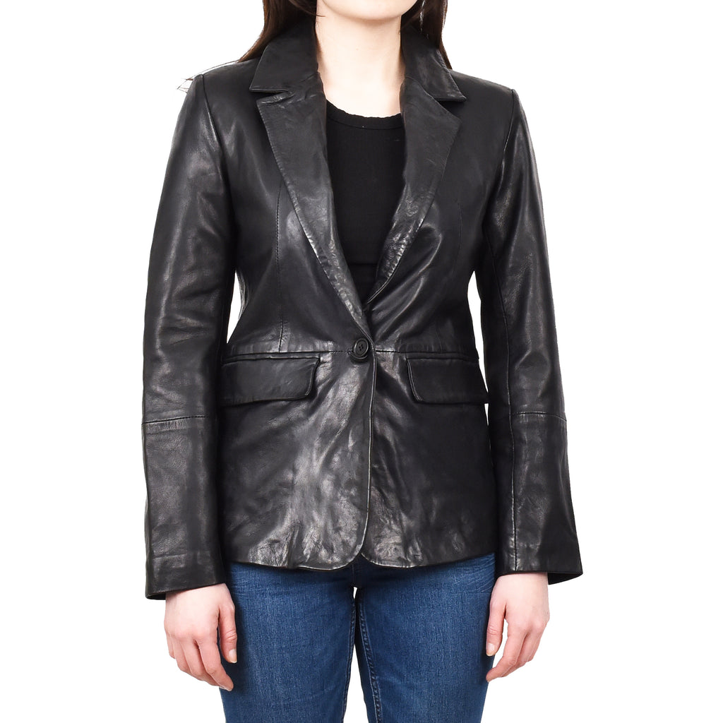 Women's Sheep Leather Single Button Blazer Jacket Classic Lilja Black 4