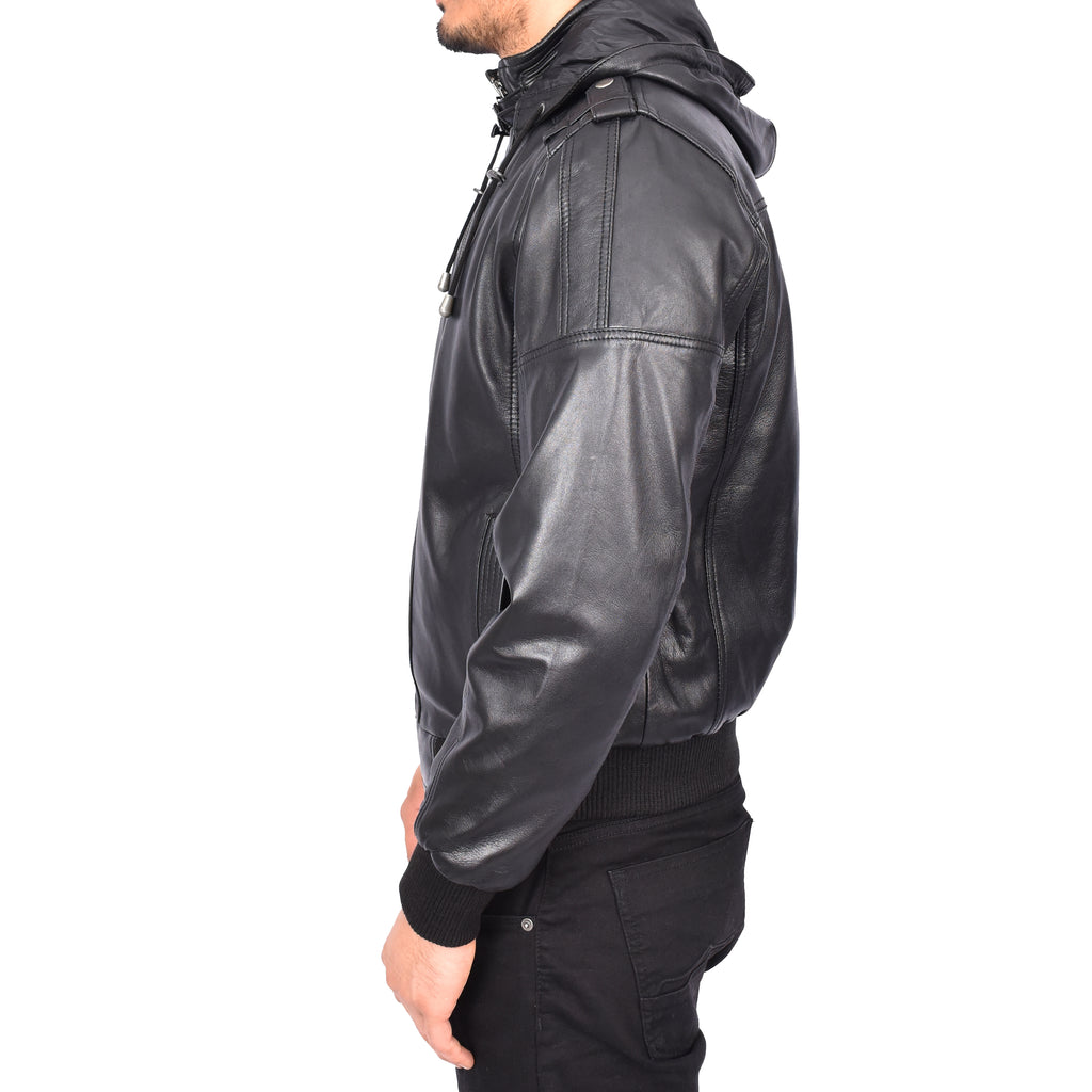 Men's Soft Sheep Nappa Leather Bomber Jacket Removable Hood Kent Black 4