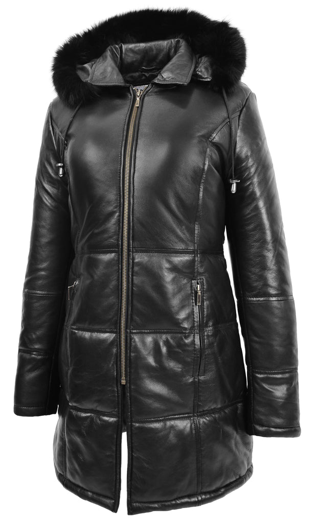 DR254 Women’s Leather 3/4 Length Puffer Coat Black 4