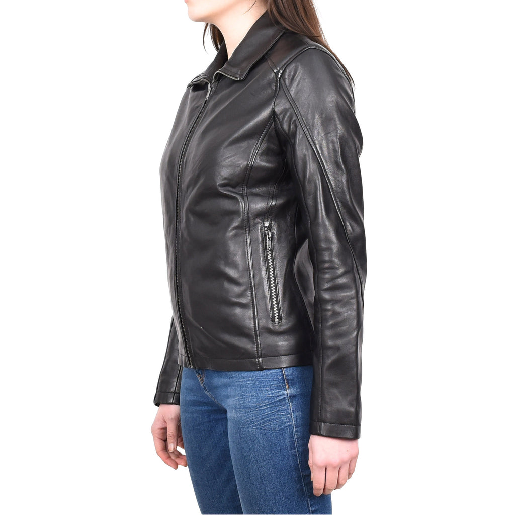 Women's Classic Box Zip Up Biker Genuine Leather Jacket Raven Black