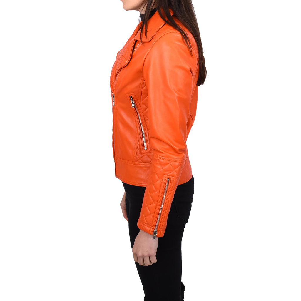 Women's Real Leather Biker Jacket with Quilt Detail Orange Motoquilt 3