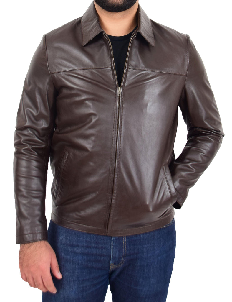 DR104 Men's Classic Zip Box Leather Jacket Brown 5