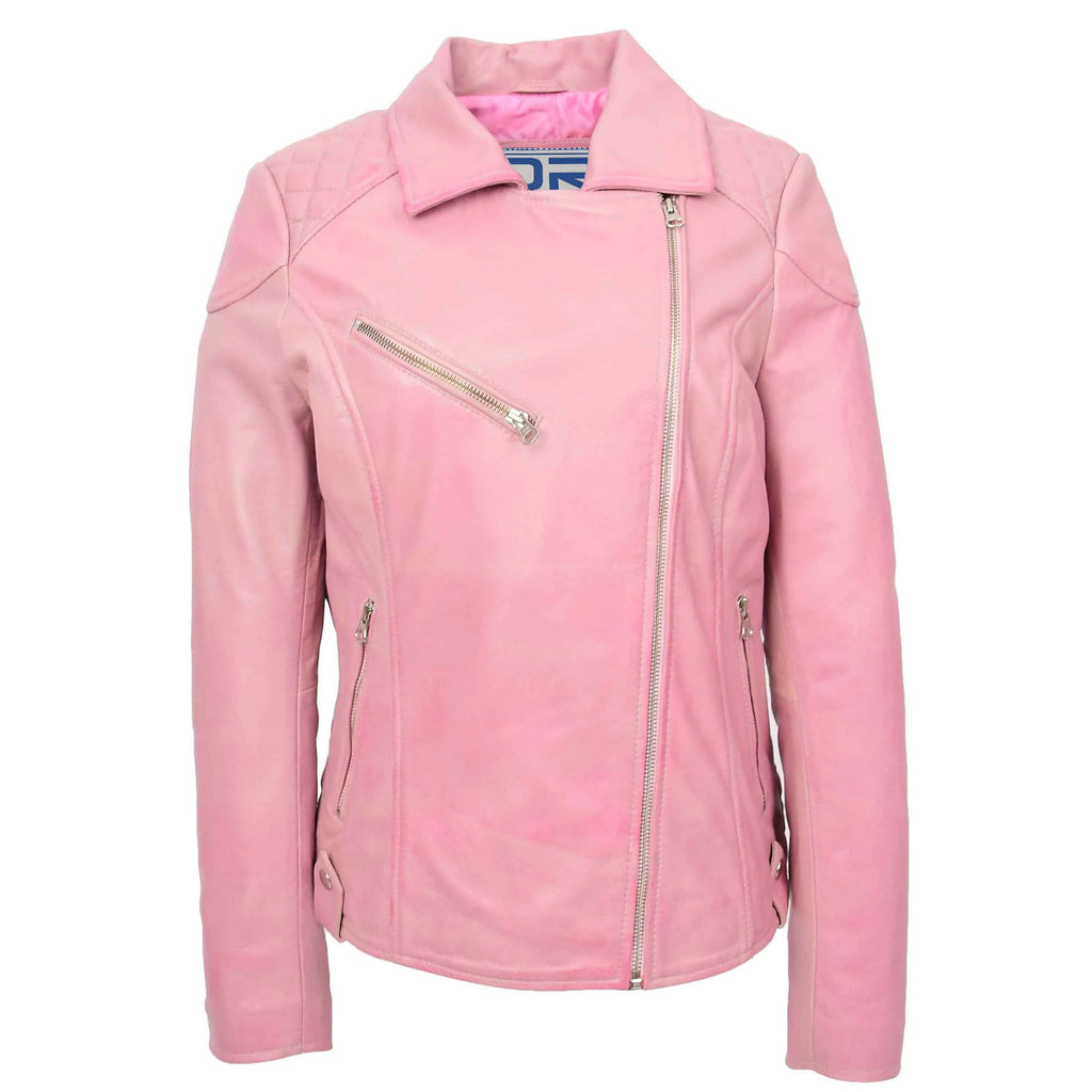 DR570 Women's Cross Zip Pocketed Real Leather Biker Jacket Pink 3