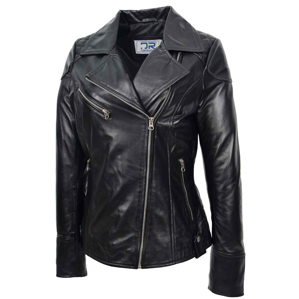 DR570 Women's Cross Zip Pocketed Real Leather Biker Jacket Black 4