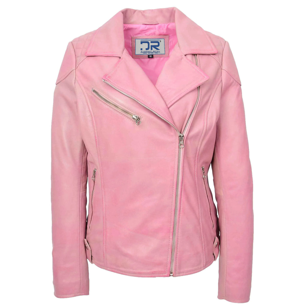 DR570 Women's Cross Zip Pocketed Real Leather Biker Jacket Pink 4