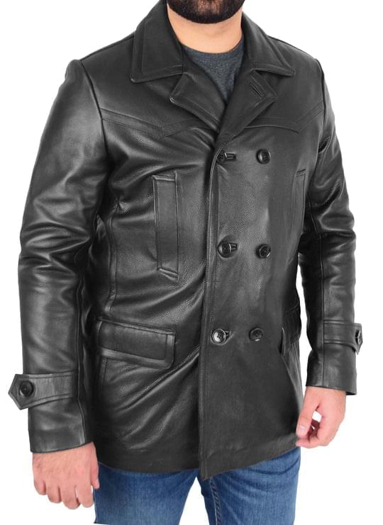 DR103 Men’s Trench Leather Fitted Reefer Military Overcoat Black 5