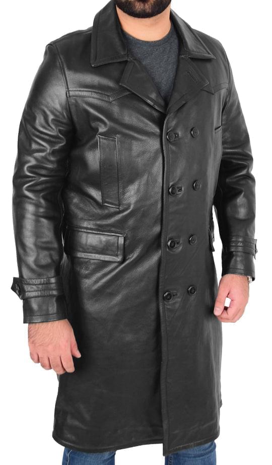 DR102 Men’s Trench Leather Coat 3/4 Long Overcoat Black 4