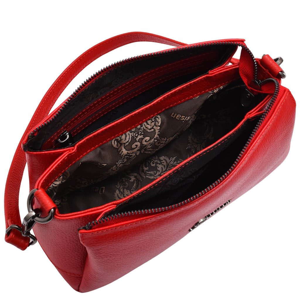 DR597 Women's Genuine Leather Small Zip Handbag Shoulder Bag Red 5
