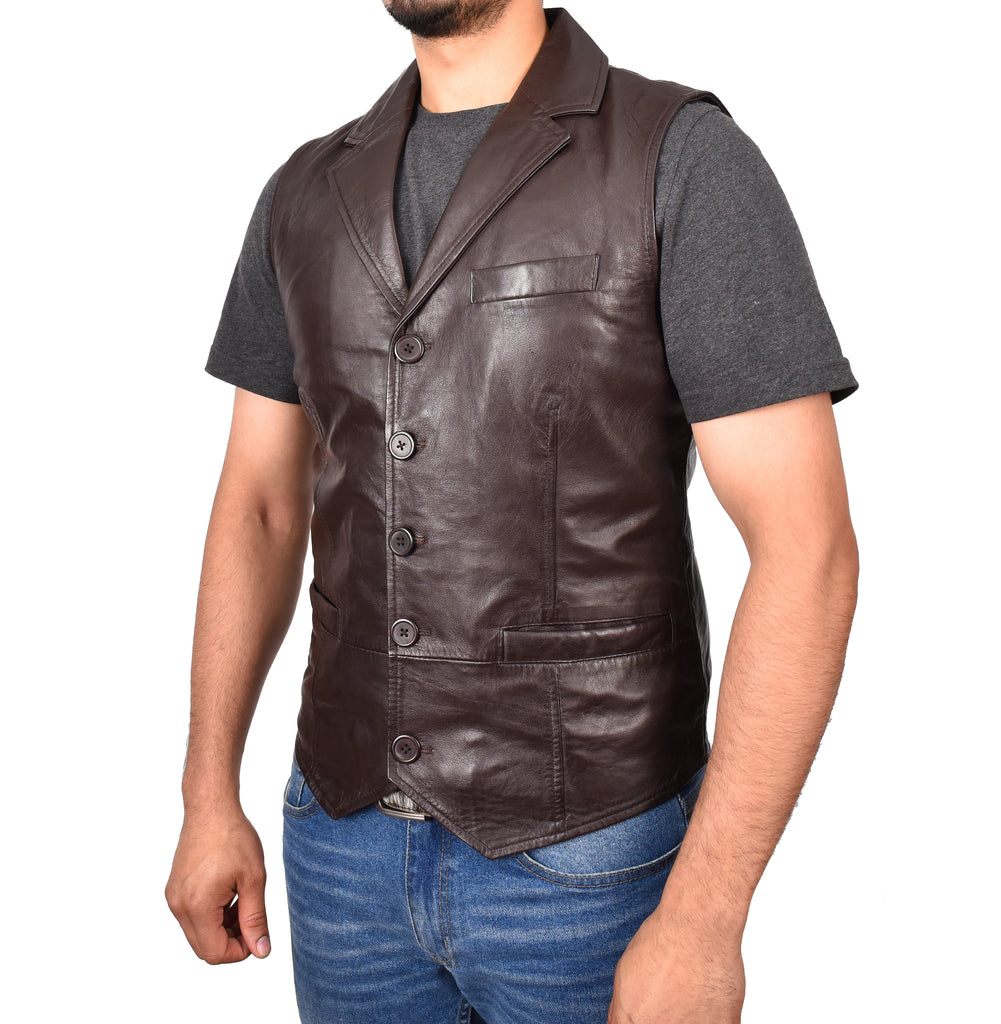 DR126 Men's Blazer Style Sheep Leather Waistcoat Brown 5