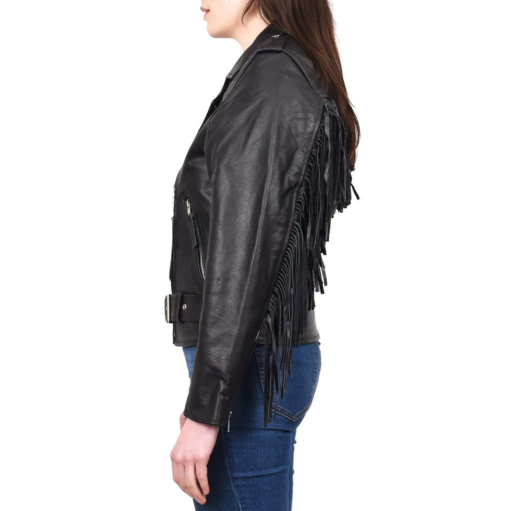 Women's Cowhide Leather Biker Jacket Brando Fringes Cross Zip Vinga Black 6