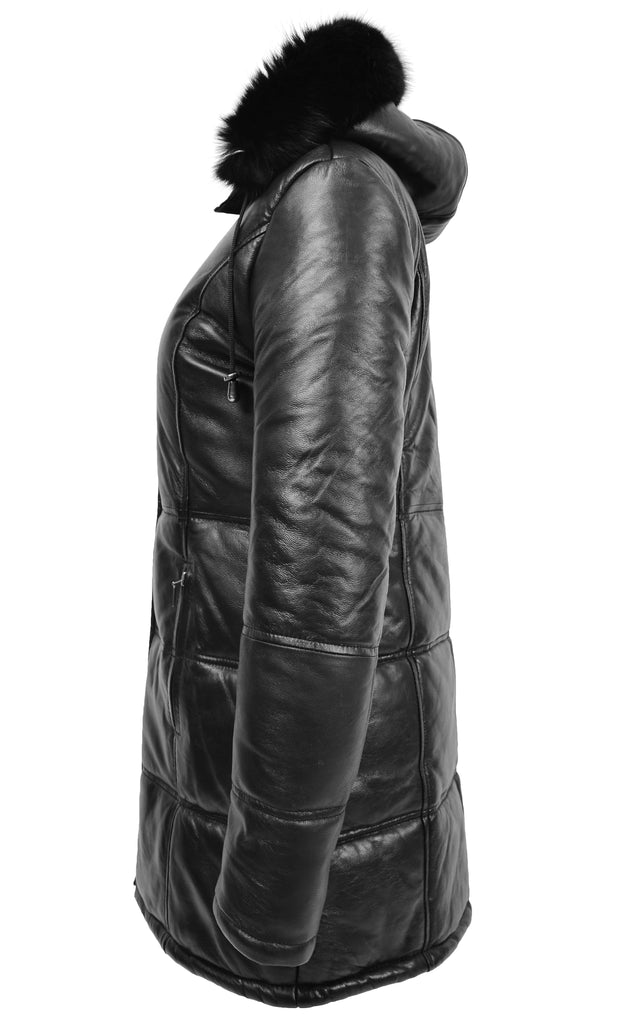 DR254 Women’s Leather 3/4 Length Puffer Coat Black 5
